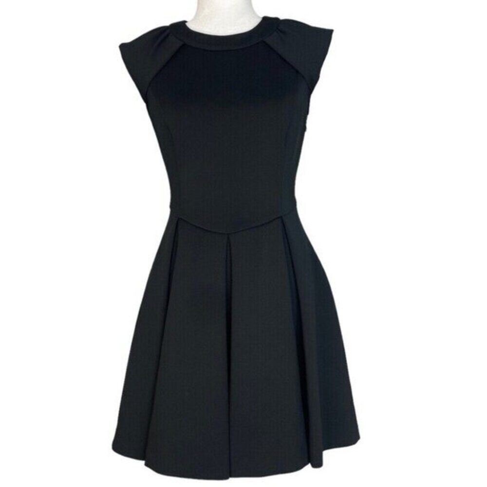 Ted Baker London‎ Black Fit and Flare Dress Cap Sleeve Mesh Back Gold Zip EU 2